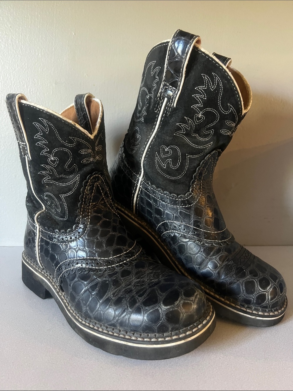 Ariat Black Kids Western Pull-On Boots with Croc Texture